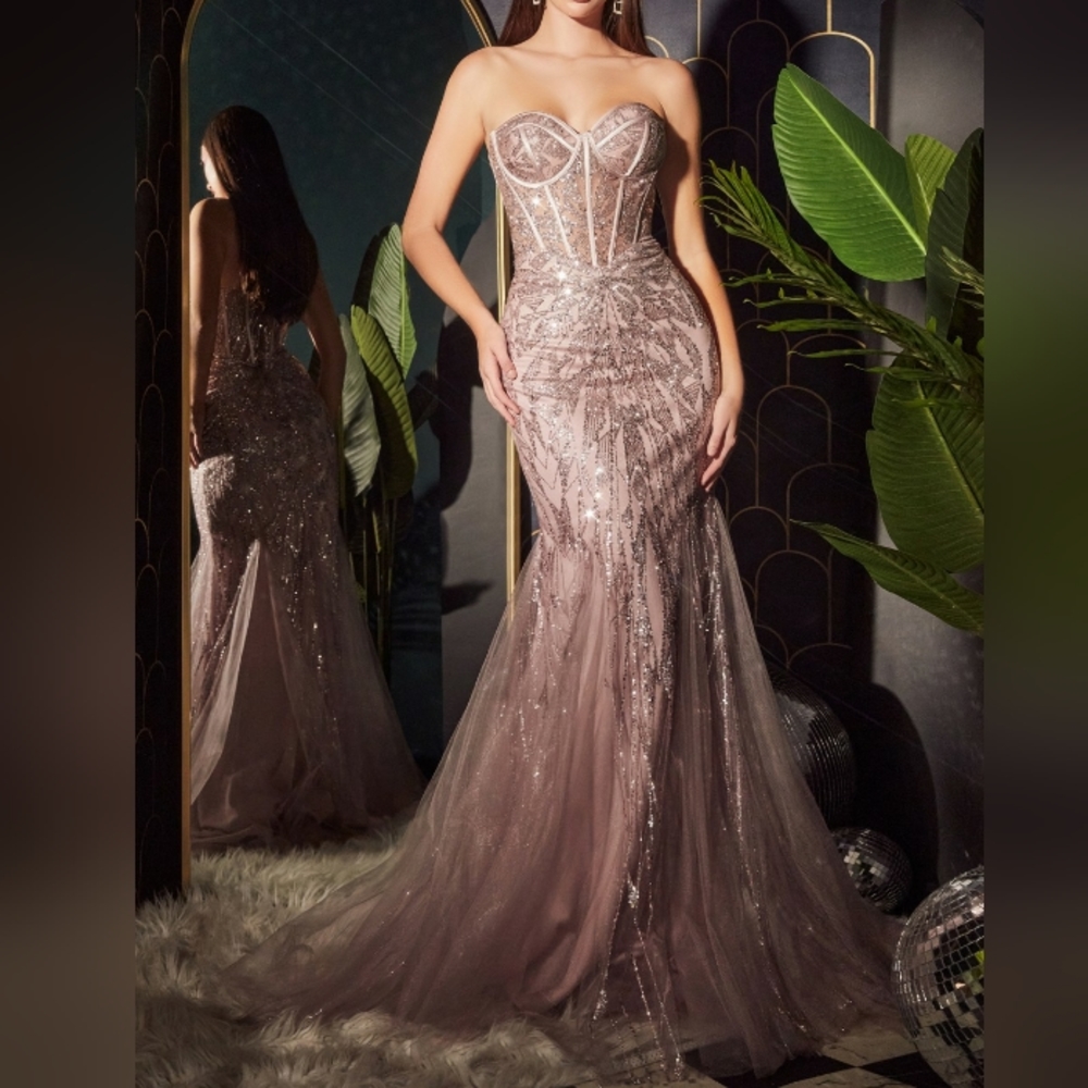 Dusty rose or rose gold new long strapless mermaid glitter print dress